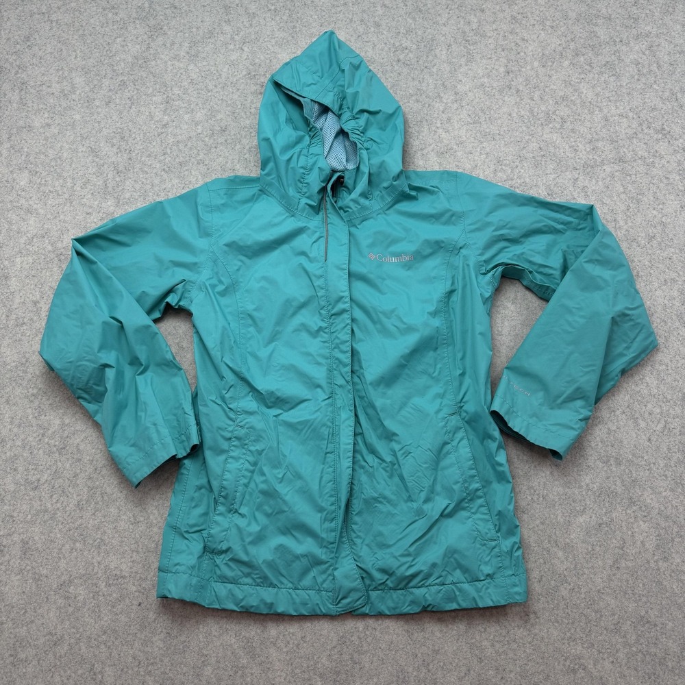 Columbia Omni-Tech Jacket Youth Medium 10/12 Blue Hooded Waterproof *SMALL STAIN